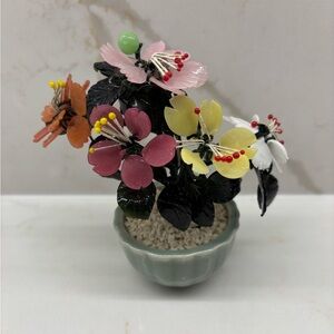 Vintage Multicoloured Glass Blossom Bonsai Tree Arrangement Green Ceramic Pot